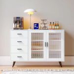 Elegant White Sideboard Buffet Cabinet With Tempered Glass Doors And Adjustable Shelves 2 1573 83Cccd