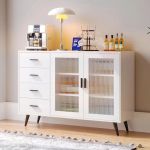 Elegant White Sideboard Buffet Cabinet With Tempered Glass Doors And Adjustable Shelves 1 1573 D00F95